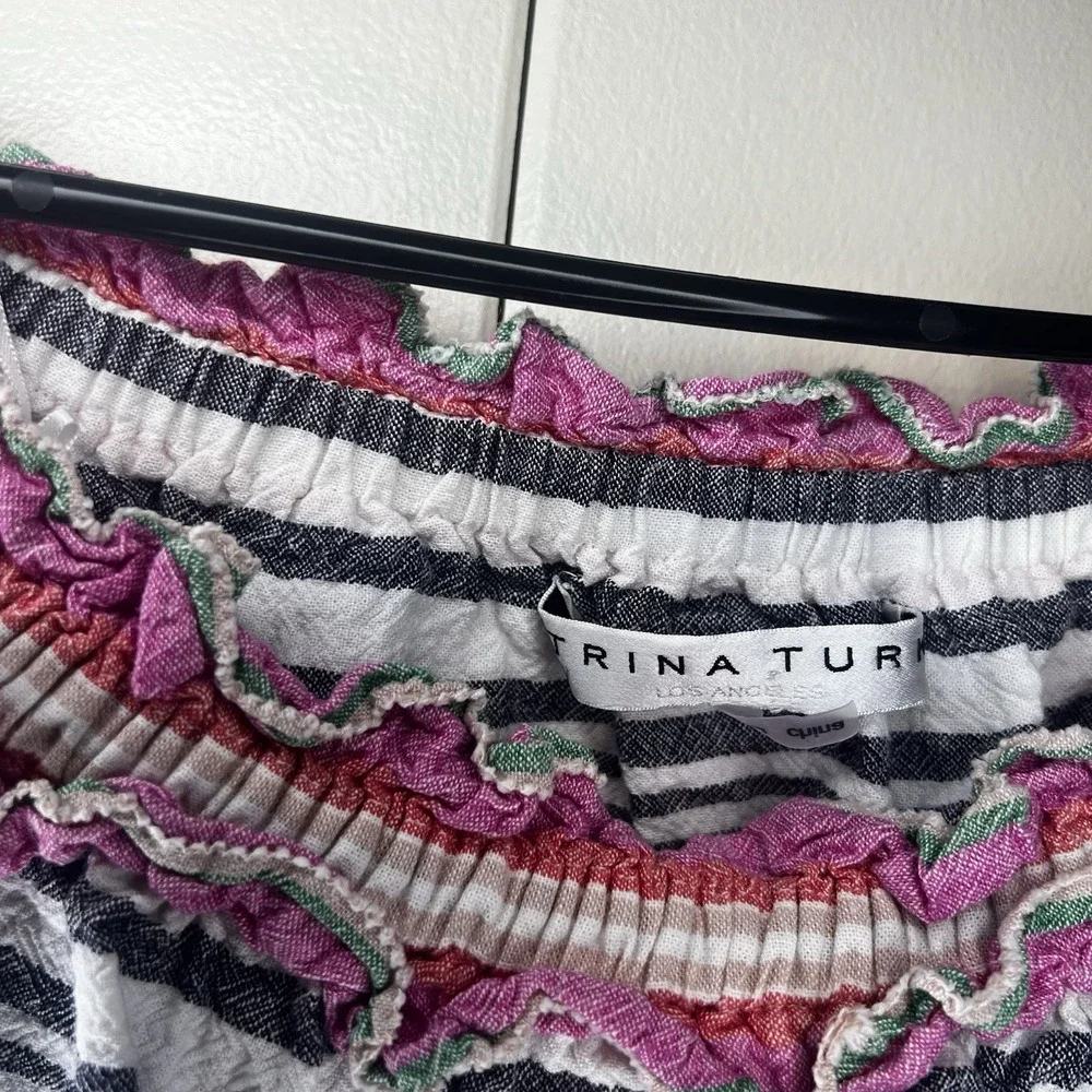 Trina Turk Women's Size Large Off The Shoulder Top Striped Vacation Travel Shirt